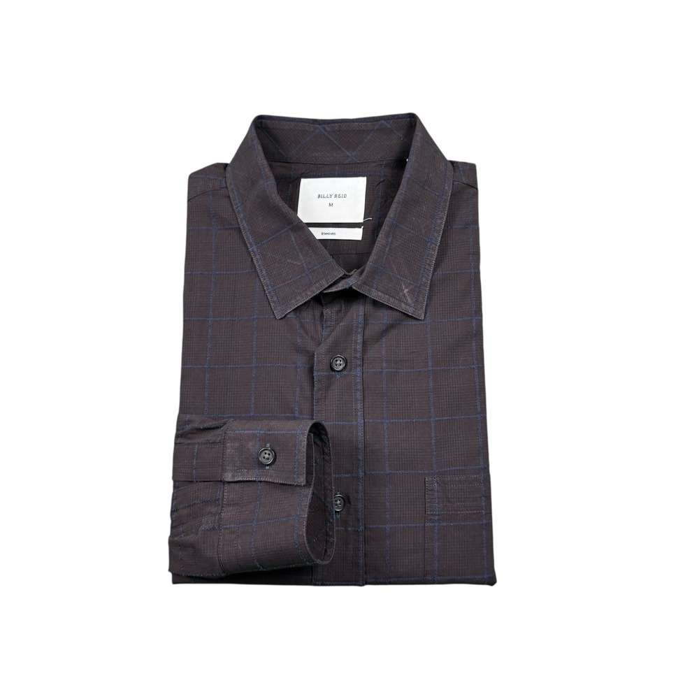 Billy Reid Mens Brown Blue Windowpane Check Cotton Button Front Shirt Size Large